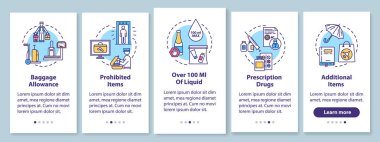 Taşınabilir uygulama sayfası ekranında el bagajı ve kavramları. Havaalanında bagaj taşıma beş adımda grafik talimatlar. RGB renk resimleriyle UI vektör şablonu