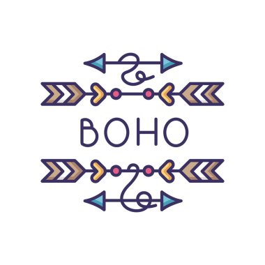 Boho okları RGB renk simgesi. Bohem estetik ve hippi tarzı aksesuarlar. Dekoratif sayfa ayırıcı. Etnik cazibe. Klasik dekorasyon. İzole vektör illüstrasyonu