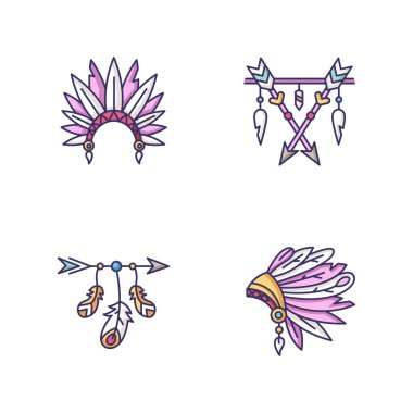 Kızılderili şapkası ve tılsım RGB renk simgeleri. Tüylü kabile şefi başlığı. Boho tarzı oklu ve dişli bir cazibe. Etnik aksesuarlar. İzole vektör çizimleri