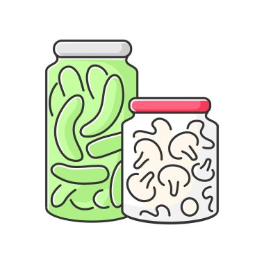 RGB renk simgesi turşusu. Yiyecek koruma, sebze koruma. Çiğ sebzeler tuzlu suda mayalanır. Konserve salatalık ve mantar izole vektör çizimi