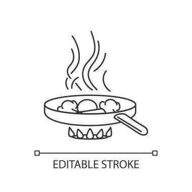 Piksel mükemmel doğrusal simge kızartılıyor. İnce çizgi özelleştirilebilir illüstrasyon. Fast food hazırlama, yemek hazırlama sembolü. Mutfak tekniği. Vektör izole çizim. Düzenlenebilir vuruş