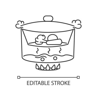 Buharı tüten piksel mükemmel doğrusal simge. İnce çizgi özelleştirilebilir illüstrasyon. Yemek hazırlama, aşçılık tekniği kontur sembolü. Sebze vektörlü buharlı gemi ana hatlarını izole etti. Düzenlenebilir vuruş