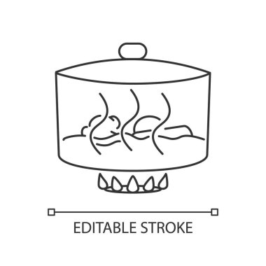 Güveç pikseli mükemmel doğrusal simge. İnce çizgi özelleştirilebilir illüstrasyon. Sos, gulaş hazırlama. Aşçılık metodu, aşçılık tekniği kontur sembolü. Vektör izole çizim. Düzenlenebilir vuruş