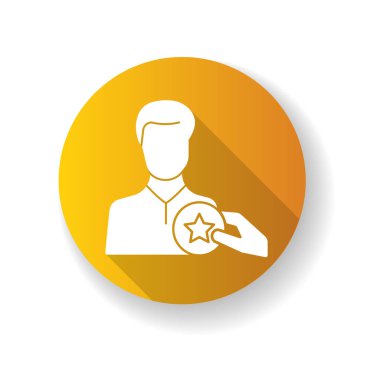 Ödüllü sarı düz dizayn uzun gölge simgesi. İşçilerin motivasyonu, iş terfisi. Başarı kazancı. Yetenek tanıma. En iyi çalışan ödülü silueti RGB renk illüstrasyonu