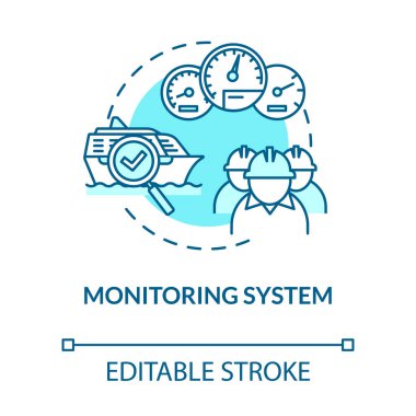 İzleme sistemi turkuvaz konsept simgesi. Tekne makineleri açık deniz bakımı. Gemi mürettebatı ince çizgiler üzerinde çalışır. Vektör izole edilmiş RGB renk çizimi. Düzenlenebilir vuruş