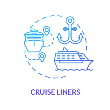 Yolcu gemisi mavi konsept simgesi. Yolcu gemisi olan deniz turizmi. Su gemisiyle lüks bir yolculuk. Tekne yolculuğu fikri ince çizgi çizimi. Vektör izole edilmiş RGB renk çizimi