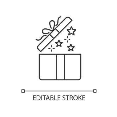 Hediye pikseli mükemmel doğrusal simge. Hediyeni aç. Sürpriz kutuda. Doğum gününü kutlayalım. Başkasına ver. İnce çizgi özelleştirilebilir illüstrasyon. Contour sembolü. Vektör izole çizim. Düzenlenebilir vuruş