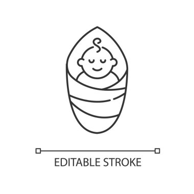 Bebek pikseli mükemmel doğrusal simge. Bebek bezli bir bebek. Sosyal medya hikayesi için ebeveynlik vurgusu. İnce çizgi özelleştirilebilir illüstrasyon. Contour sembolü. Vektör izole çizim. Düzenlenebilir vuruş