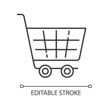 Alışveriş arabası pikseli mükemmel doğrusal simge. Süpermarket arabası. İnternetten alışveriş. İnce çizgi özelleştirilebilir illüstrasyon. Contour sembolü. Vektör izole çizim. Düzenlenebilir vuruş