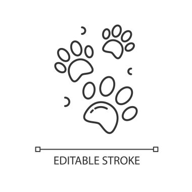 Evcil hayvan pençesi izleri pikseli mükemmel doğrusal simge. Hayvan ayak izleri. Köpek yürüyüşü patikası. Kedi adımları. İnce çizgi özelleştirilebilir illüstrasyon. Contour sembolü. Vektör izole çizim. Düzenlenebilir vuruş