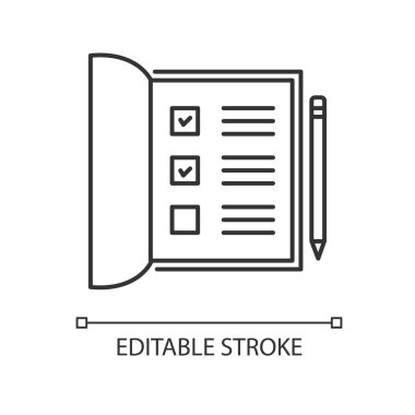 Not defteri pikselini aç mükemmel doğrusal simge. İşaretli kutulu listeler. Anket için kutuları işaretle. İnce çizgi özelleştirilebilir illüstrasyon. Contour sembolü. Vektör izole çizim. Düzenlenebilir vuruş