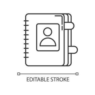 İletişim kitabı pikseli mükemmel doğrusal simge. Kişisel günlük. Yer imleriyle birlikte iş organizatörü. İnce çizgi özelleştirilebilir illüstrasyon. Contour sembolü. Vektör izole çizim. Düzenlenebilir vuruş