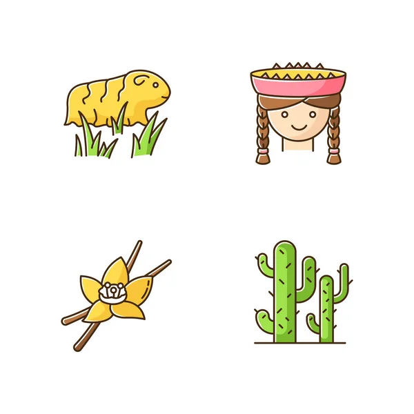 Peru Rgb Color Icons Set Incas Country Features Guinea Pig — Stock Vector