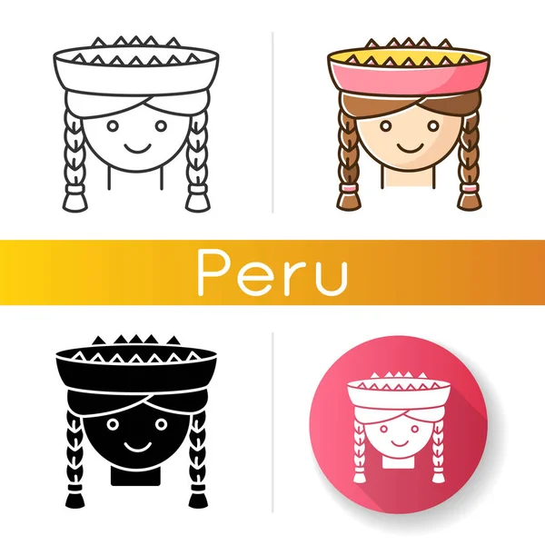 Перуанские Иконки Девочек Милая Улыбающаяся Женщина Косичками Латиноамериканский Национальный Головной — стоковый вектор