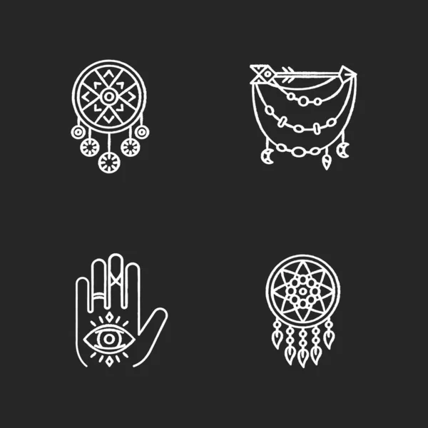 Accessories Boho Style Chalk White Icons Set Black Background Palmistry — Stock Vector