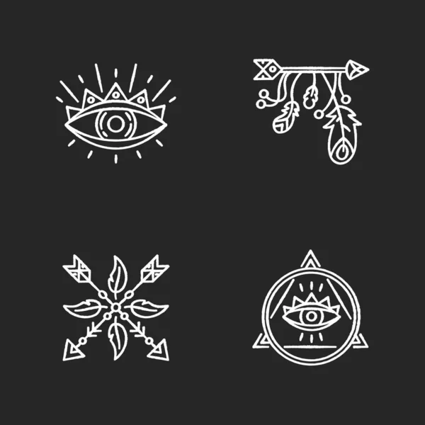 Magische Symbole Kreiden Weiße Symbole Auf Schwarzem Hintergrund Auge Der — Stockvektor