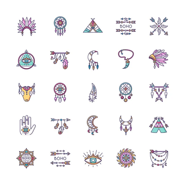Conjunto Iconos Color Rgb Estilo Boho Amuletos Indígenas Americanos Encantos — Vector de stock