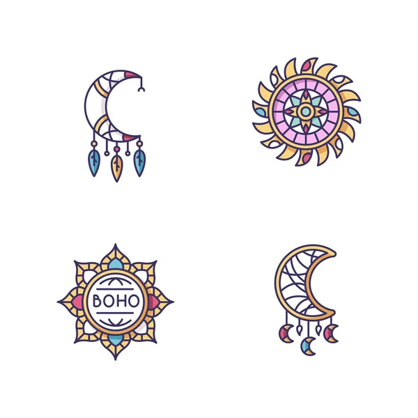 Conjunto Iconos Color Rgb Accesorios Estilo Boho Amuletos Esotéricos Flor — Archivo Imágenes Vectoriales