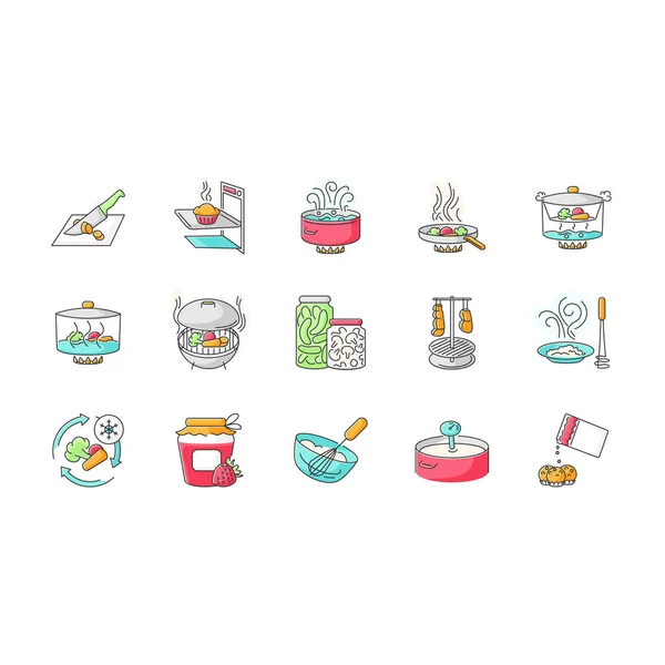 Proceso Cocción Conjunto Iconos Color Rgb Diferentes Métodos Preparación Alimentos — Vector de stock