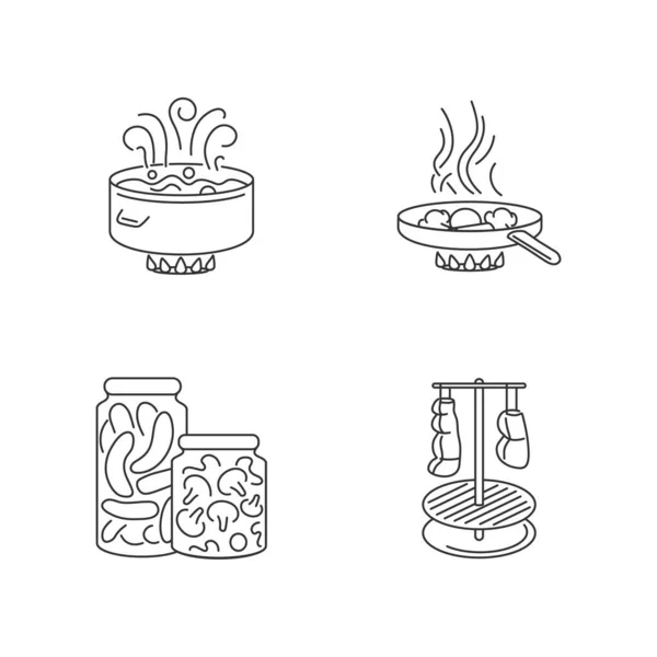 烹饪技巧使完美的线性图标集像素化 罐头和熏蒸可定制的细线等高线符号 孤立的矢量轮廓图解 可编辑笔划 — 图库矢量图片