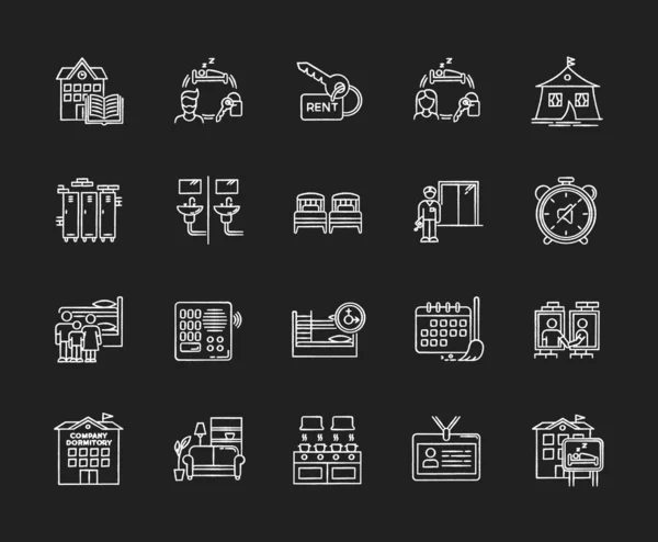 Ícones Giz Branco Dormitório Definido Fundo Preto Espaço Comunitário Viver —  Vetores de Stock