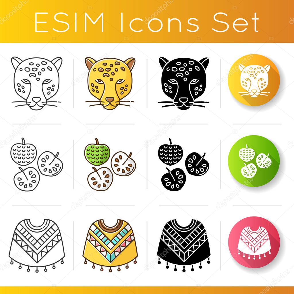 Peru icons set. Peruvian wear, fruit, animal. Jaguar, cherimoya, poncho. Traveling in Latin America. Hispanic country tour. Linear, black and RGB color styles. Isolated vector illustrations