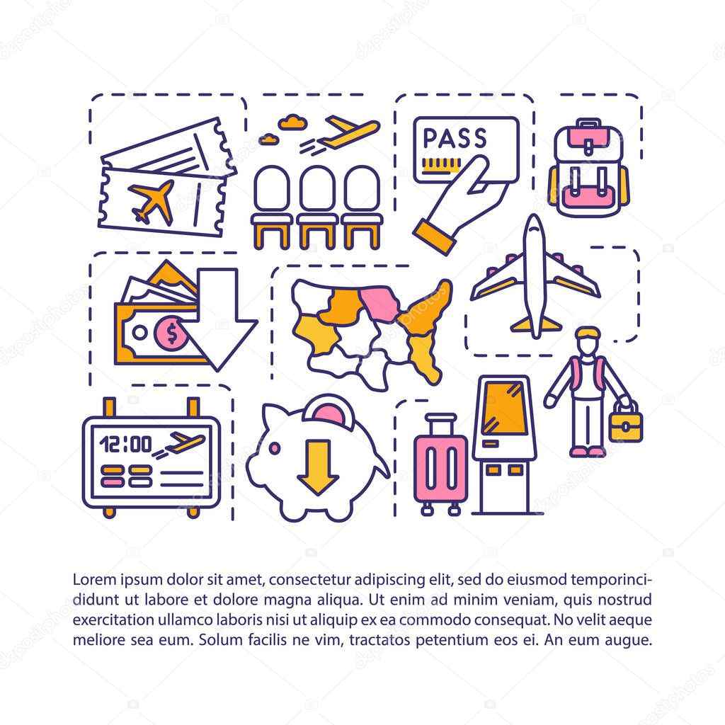 Low cost flight concept icon with text. PPT page vector template. Money saving travel, affordable international tourism brochure, magazine, booklet design element with linear illustrations