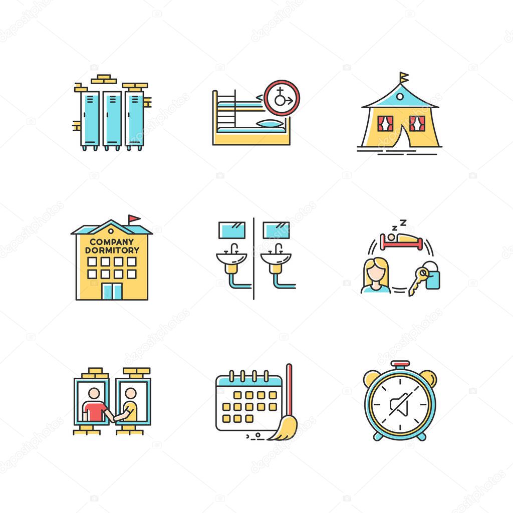 Living in dormitory RGB color icons set. Lockers. Mixed bedroom. Company dorm. Neighborhood. Cleaning schedule. Quiet hours. Communal bathroom. Isolated vector illustrations