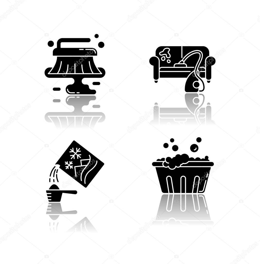 Cleanup service drop shadow black glyph icons set. Stain removal, floor wet cleaning and furniture dry cleaning. Handwash, washing powder and basin use. Isolated vector illustrations on white space