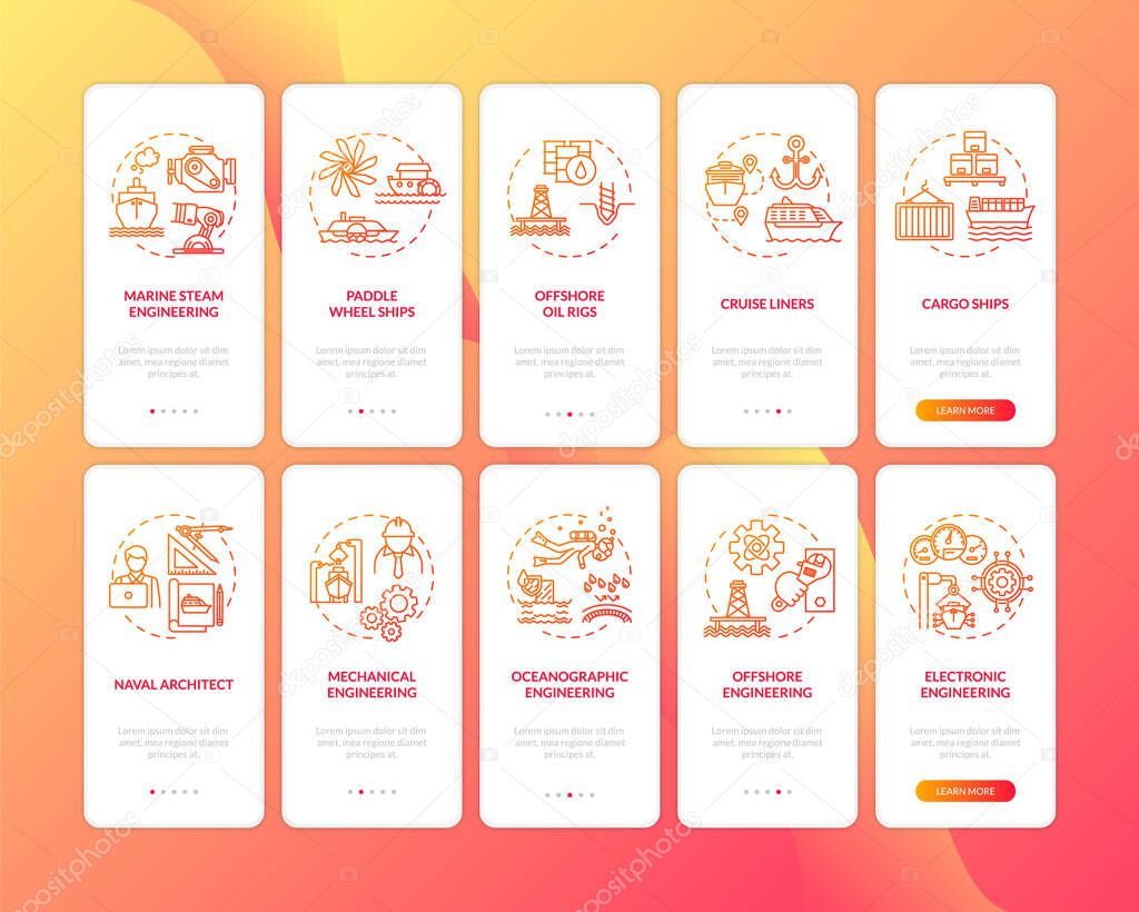 Marine engineering onboarding mobile app page screen with concepts set. Naval architecture walkthrough 5 steps graphic instructions. UI vector template with RGB color illustrations