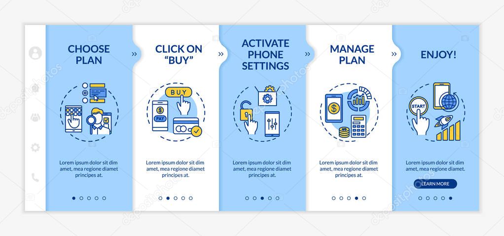 Tariff plan activation onboarding vector template. Gadget settings, mobile phone costs control. Responsive mobile website with icons. Webpage walkthrough step screens. RGB color concept