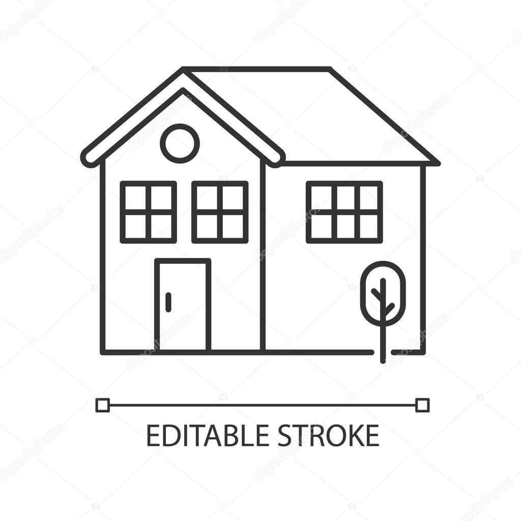 Home pixel perfect linear icon. Residential house mortgage. Real estate coverage. Thin line customizable illustration. Contour symbol. Vector isolated outline drawing. Editable stroke
