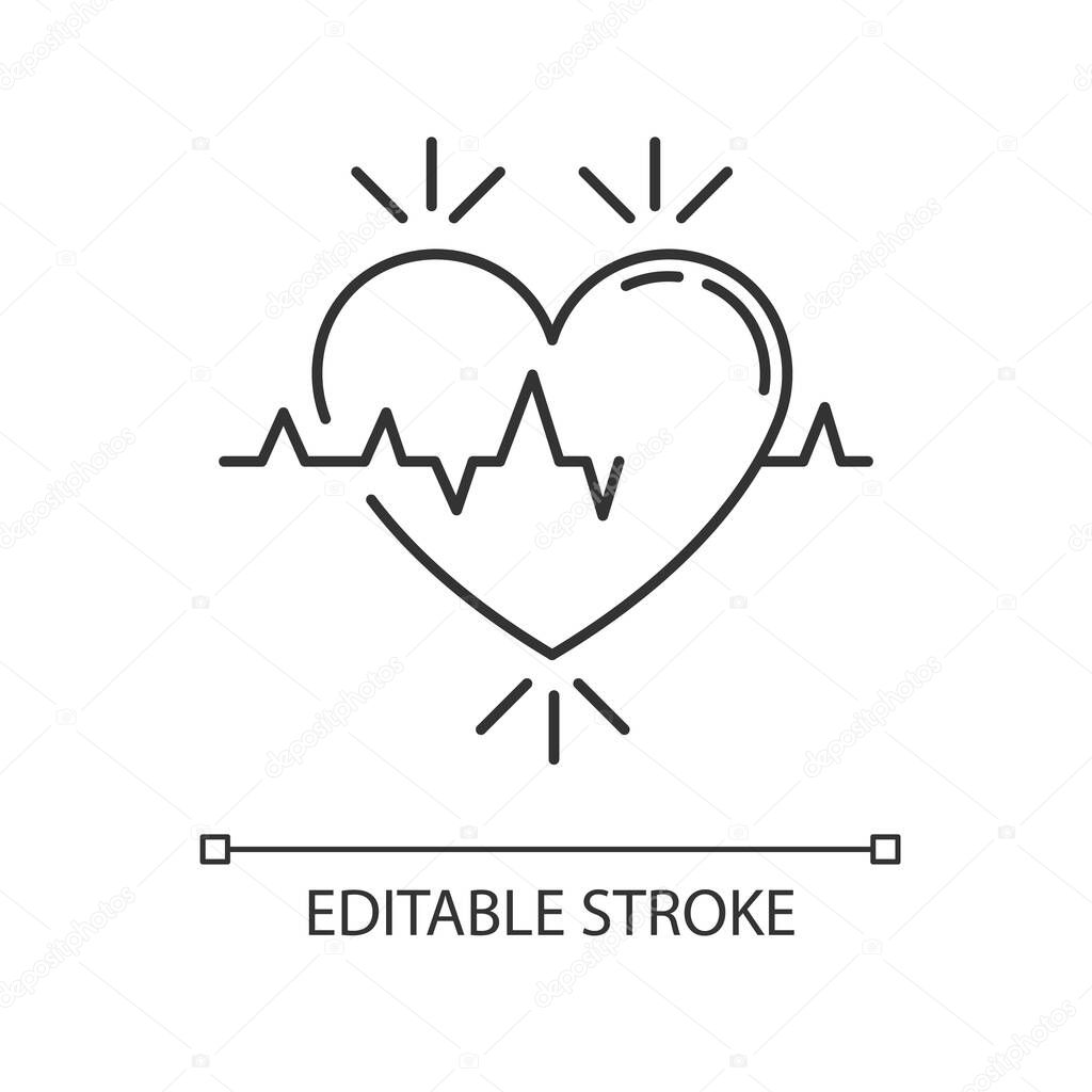 Heart pixel perfect linear icon. Pulse rate. Heartbeat rhythm. Vital signs. Cardio health care. Thin line customizable illustration. Contour symbol. Vector isolated outline drawing. Editable stroke