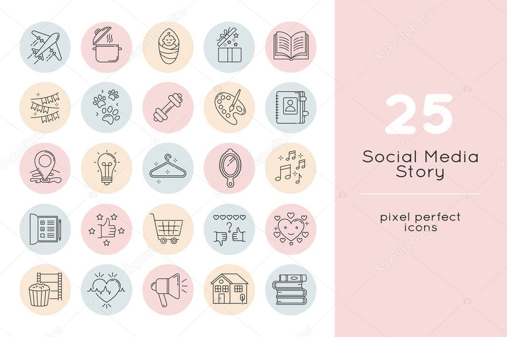 Social media story pixel perfect linear icons set. Travel and tourism. Cooking recipe. Creative hobby. Customizable thin line contour symbols. Isolated vector outline illustrations. Editable strokes