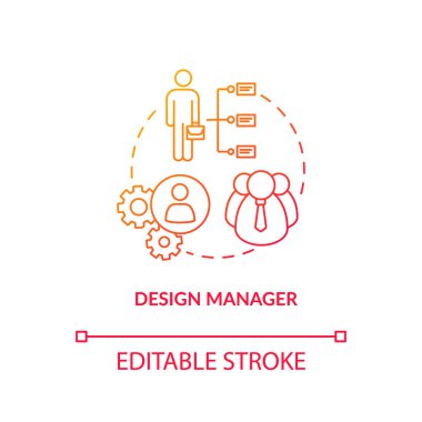 Tasarım müdürü, ajans yöneticisi konsept ikonu. Stüdyo yönetimi fikri ince çizgi çizimi. Atölye yapısı, idari resmi görevler. Vektör izole edilmiş RGB renk çizimi