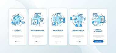 Proje geliştirme, mobil uygulama sayfası ekranında kavramlarla birlikte aşamalar. Uzman servisler 5 aşamalı grafik talimatları inceliyor. RGB renk resimleriyle UI vektör şablonu