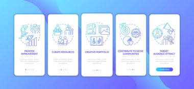 Mobil uygulama sayfası ekranında konseptlerle birlikte iş projesi. Üretken liderlik 5 aşamalı grafik talimatları gözden geçiriyor. RGB renk resimleriyle UI vektör şablonu