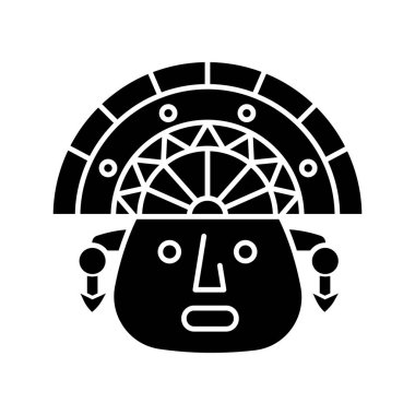 İnkalar 'ın siyah kabartma simgesi. Geleneksel İnka başlıklı adam yüzü. Aztek tören maskesi. İspanyol tanrısı. Peru kültürü. Beyaz uzayda siluet sembolü. Vektör izole illüstrasyonu