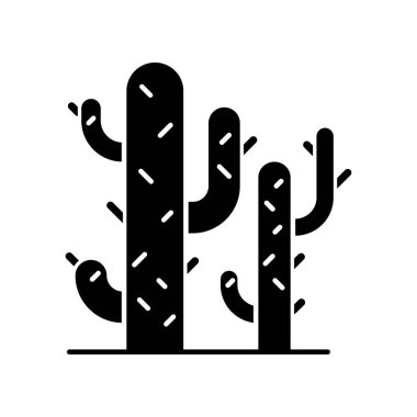 Kaktüs siyah kabartma simgesi. Çöl bitkileri. Saguaro kaktüsü. Dikenli ağaç sulu gibi. Amerikan kurak dikenli kır çiçeği. Beyaz uzayda siluet sembolü. Vektör izole illüstrasyonu