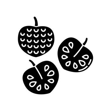 Çerimoya siyah kabartma simgesi. Lezzetli kremalı elmanın tamamı ve ikiye bölünmüş hali. Annona Cherimola. Tatlı olgun tropikal meyve. Sağlıklı beslenme. Beyaz uzayda siluet sembolü. Vektör izole illüstrasyonu