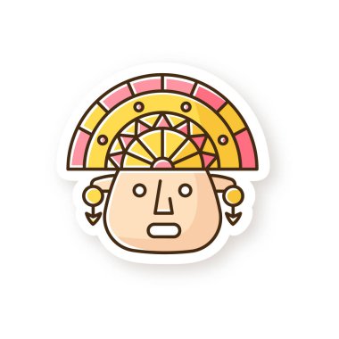 İnka tarlası. Geleneksel İnka başlıklı adam yüzü. Aztek tören maskesi. Antik Güney Amerika idolü. İspanyol tanrısı. Peru kültürü. RGB renkli basılabilir etiket. Vektör izole illüstrasyonu