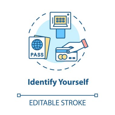 Kendinizi konsept ikonu olarak tanıtın. Pasaport kontrolü ve biniş fikri ince çizgi çizimi. Yolcular güvenlik kontrolü yapıyor. Vektör izole edilmiş RGB renk çizimi. Düzenlenebilir vuruş