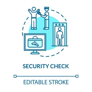 Havaalanı güvenliği konsept ikonu. Yolcular ve bagaj tarama fikri ince çizgi çizimi. Havayolu kontrol noktası. Metal detektör kapısı. Vektör izole edilmiş RGB renk çizimi. Düzenlenebilir vuruş
