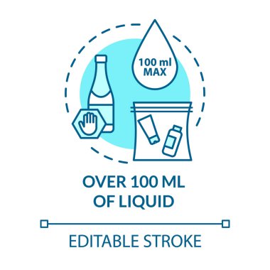 100 ml sıvı konsept ikonu. Uçak yolcusu el bagajı, eşyalar ince çizgi çizimleri sınırlıyor. Bagaj kontrolü. Vektör izole edilmiş RGB renk çizimi. Düzenlenebilir vuruş
