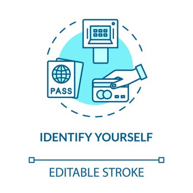 Kendinizi konsept ikonu olarak tanıtın. Pasaport kontrolü ve biniş fikri ince çizgi çizimi. Yolcu kimliği güvenlik kontrolü. Vektör izole edilmiş RGB renk çizimi. Düzenlenebilir vuruş