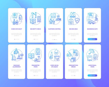 Havaalanı terminali mobil uygulama sayfası ekranında konseptler ayarlandı. Ticari havayolu şirketleri beş aşamalı grafik talimatları gözden geçiriyorlar. RGB renk resimleriyle UI vektör şablonu