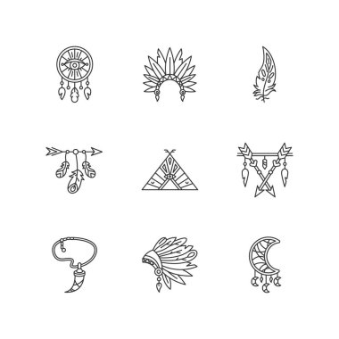 Yerli Amerikan aksesuarları piksel olarak mükemmel doğrusal ikonlar seti. Kabile şefi şapkası ve çadırı. Özelleştirilebilir ince çizgi şekilleri. İzole vektör çizimi çizimleri. Düzenlenebilir vuruş