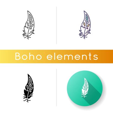 Boho tüy ikonu. Kızılderili kabile motifi, mistik sembol. Bohem şık moda ve hippi tarzı etnik aksesuar. Lineer siyah ve RGB renk stilleri. İzole vektör çizimleri