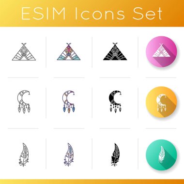 Amerikan yerlilerinin aksesuar ikonları. Kabile şefi kızılderili çadırı. Hilal ay düş kapanı. Etnik süslemeli Wigwam. Doğrusal, siyah ve RGB renk stilleri. İzole vektör çizimleri