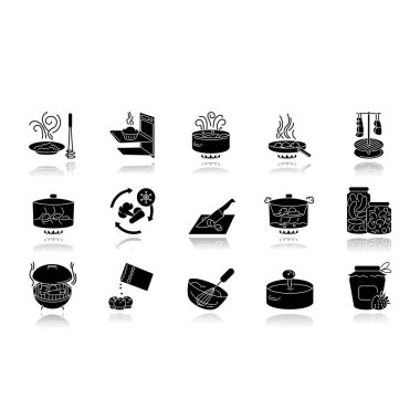 Cooking process drop shadow black glyph icons set. Different food preparation methods, various culinary techniques. Ingredients and kitchen utensils isolated vector illustrations on white space clipart
